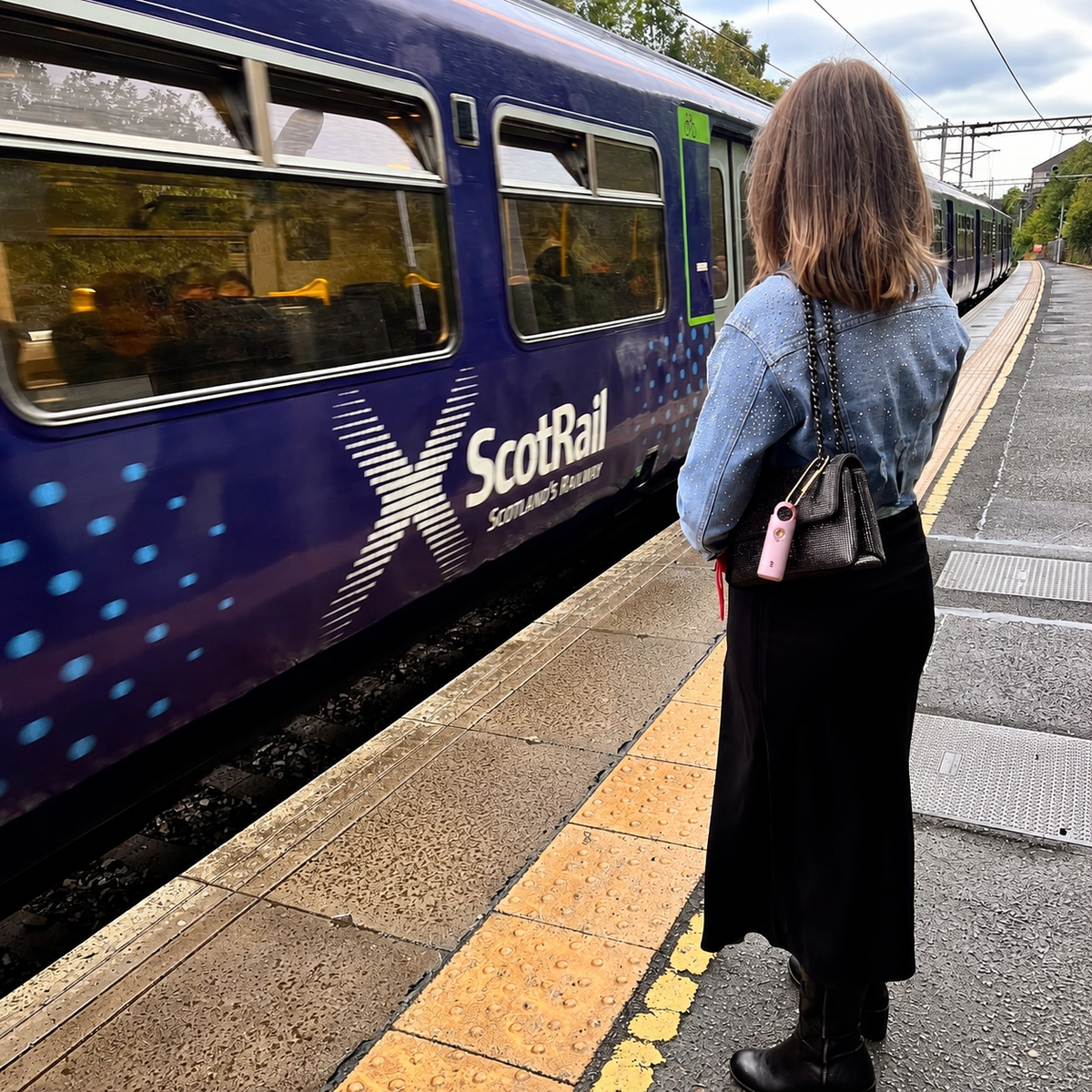 Woman carrying a pink My Robin personal safety alarm on her bag at a train station