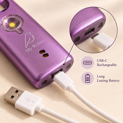 Purple My Robin personal safety alarm with USB-C rechargeable charging port