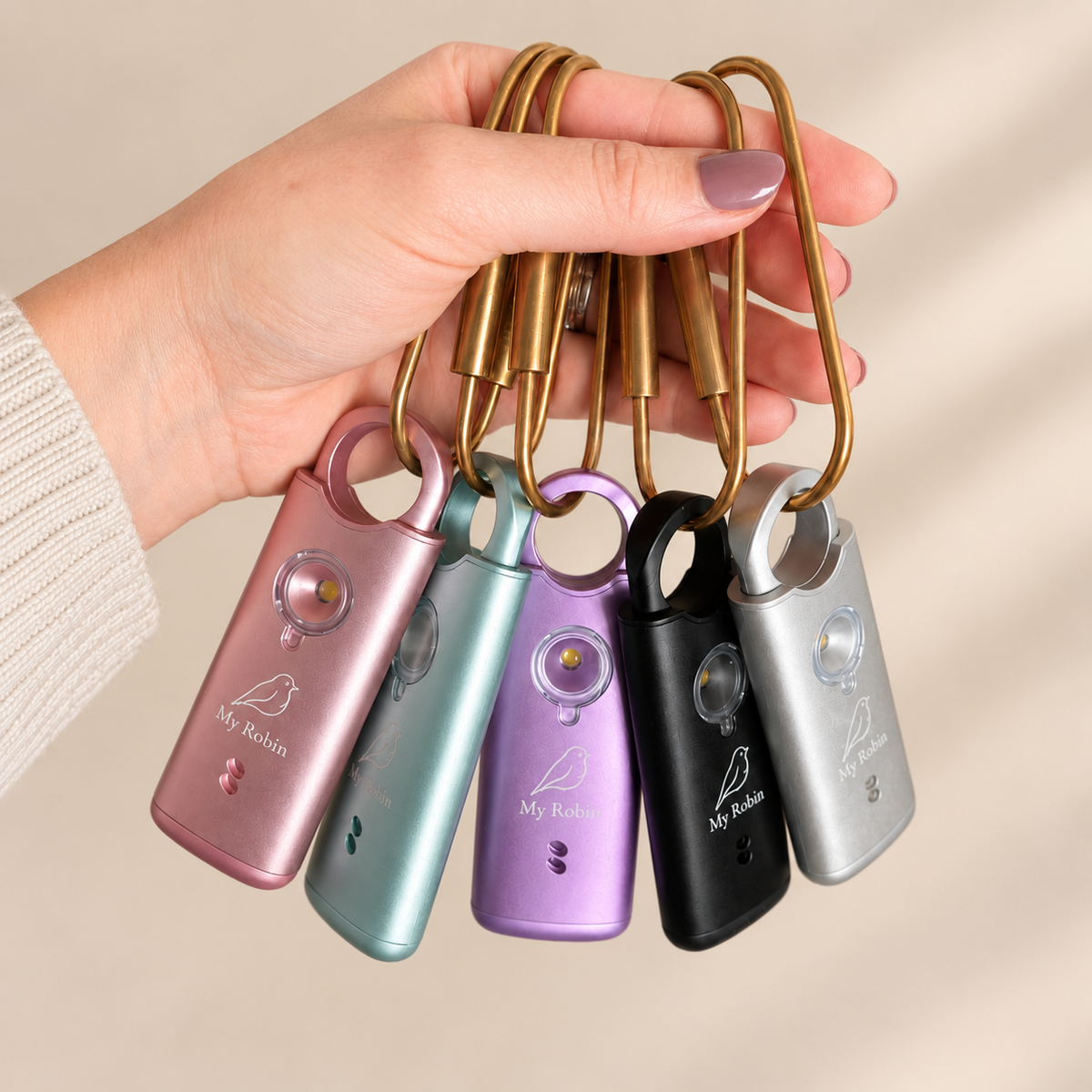My Robin personal safety alarms in five colours with keychains