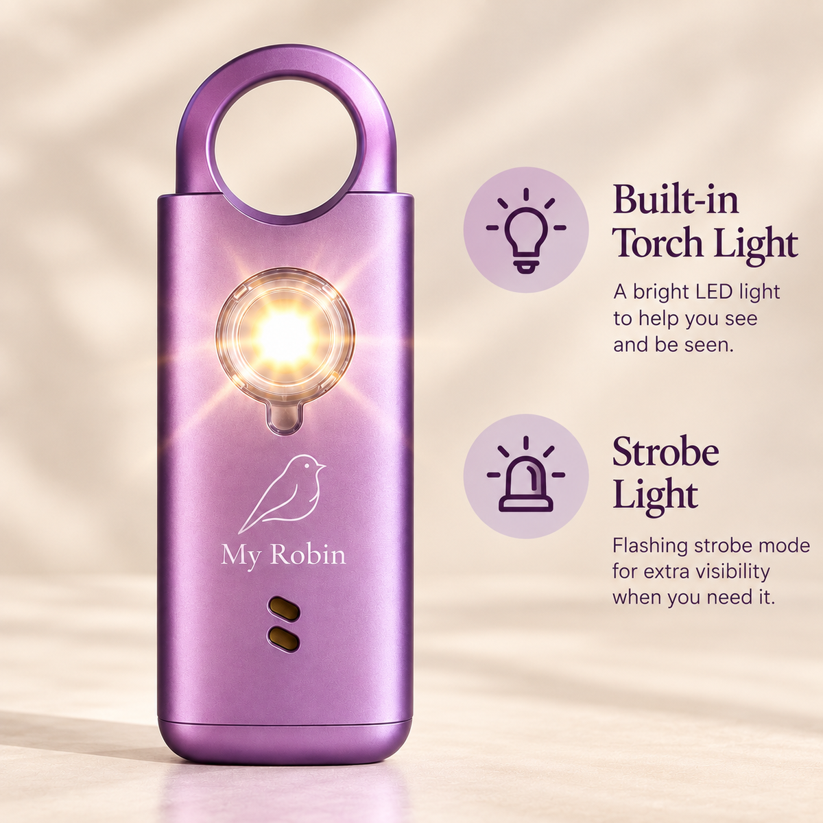 Purple My Robin personal safety alarm with built-in torch light and strobe light