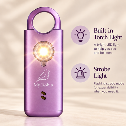 Purple My Robin personal safety alarm with built-in torch light and strobe light