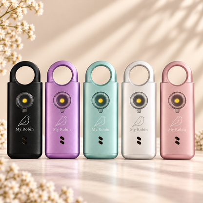 My Robin personal safety alarms in black, purple, turquoise, silver and pink