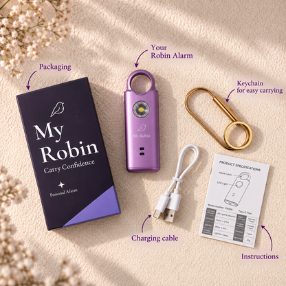 Purple My Robin personal safety alarm with packaging, separate keychain, USB charging cable and instructions