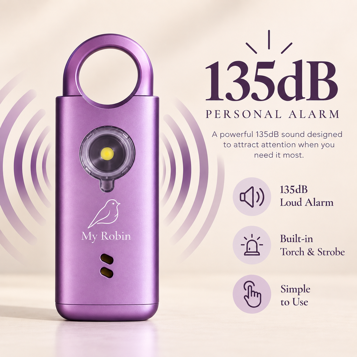 Purple My Robin 135dB personal safety alarm with built-in torch and strobe light
